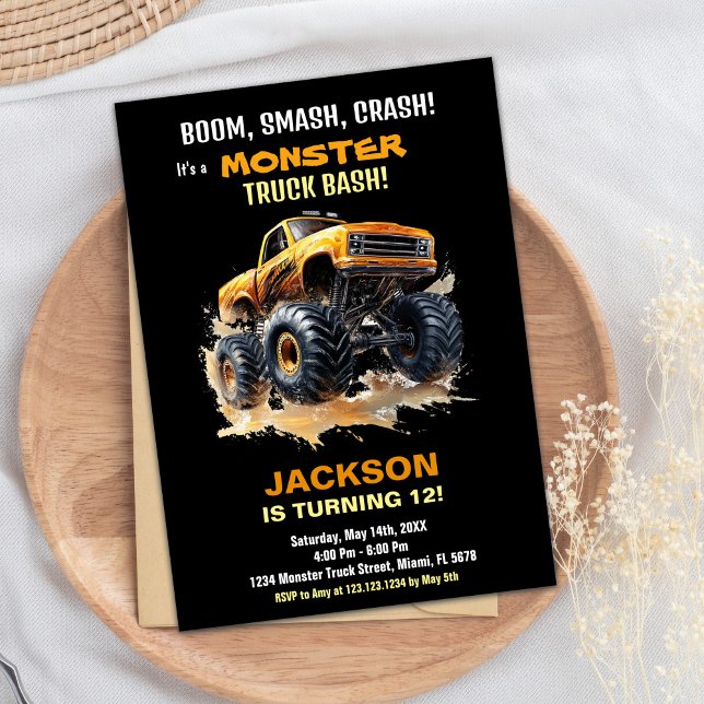 Orange Dark Monster Truck Birthday Invitations (Orange Dark Monster Truck Birthday Invitations)