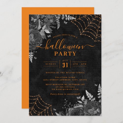 Orange Dark Spooky Floral Cobwebs Halloween Party  Invitation