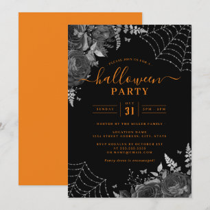 Orange Dark Spooky Floral Cobwebs Halloween Party Invitation
