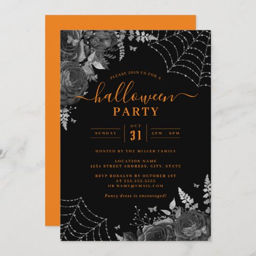 Orange Dark Spooky Floral Cobwebs Halloween Party  Invitation