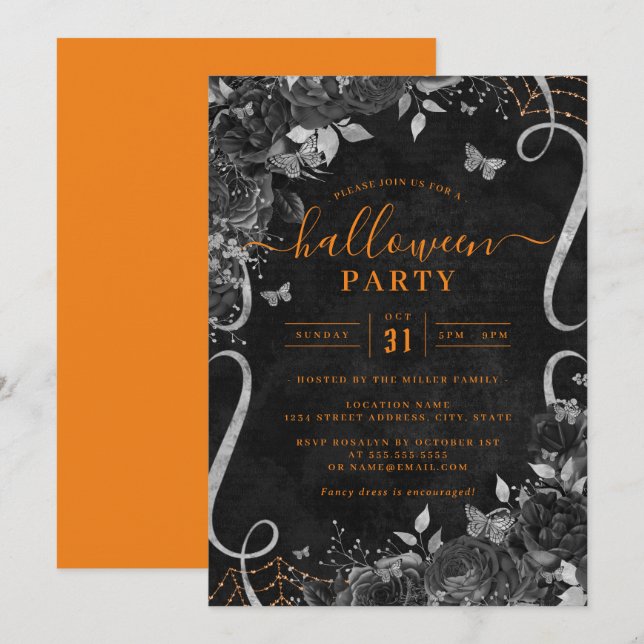 Orange Dark Spooky Floral Scroll Halloween Party  Invitation (Front/Back)