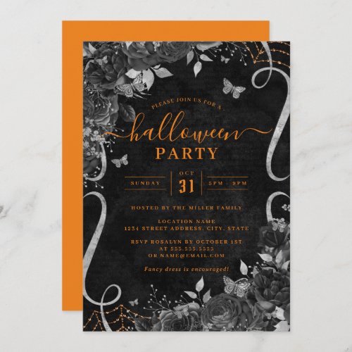 Orange Dark Spooky Floral Scroll Halloween Party  Invitation