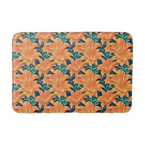 Orange Day Lilies with Green Leaves Bath Mat