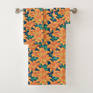 Orange Day Lilies with Green Leaves Bath Towel Set
