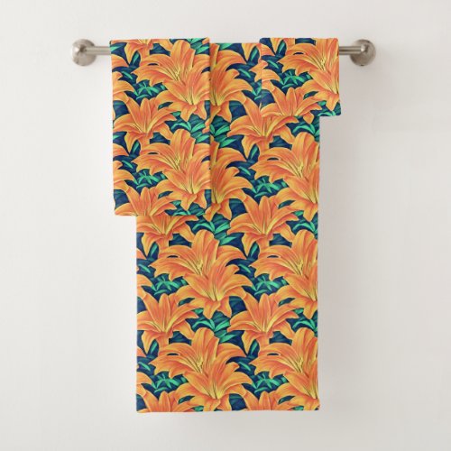 Orange Day Lilies with Green Leaves Bath Towel Set