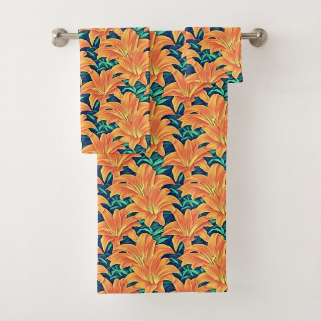 Orange Day Lilies with Green Leaves Bath Towel Set (Insitu)
