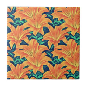 Orange Day Lilies with Green Leaves Ceramic Tile