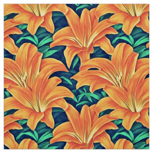 Orange Day Lilies with Green Leaves Fabric