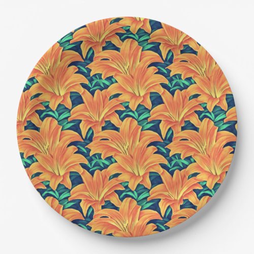 Orange Day Lilies with Green Leaves Paper Plates