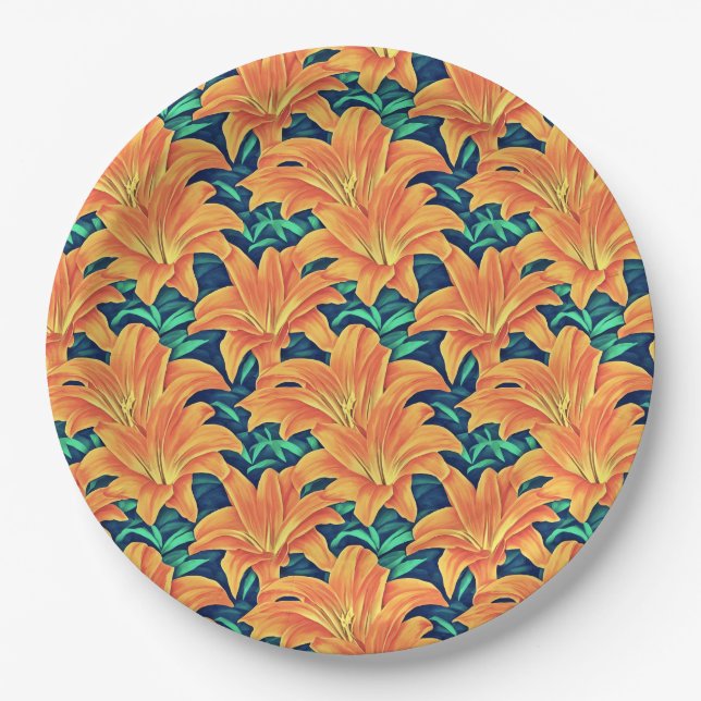 Orange Day Lilies with Green Leaves Paper Plates (Front)