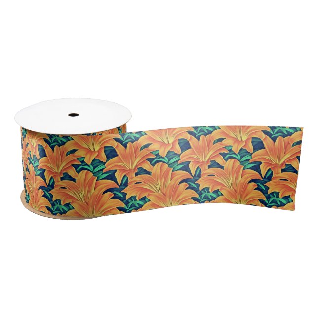 Orange Day Lilies with Green Leaves   Satin Ribbon (Spool)