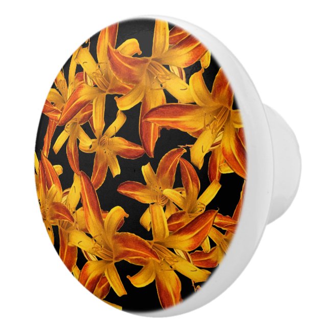Orange Daylilies Floral Pattern Ceramic Knob