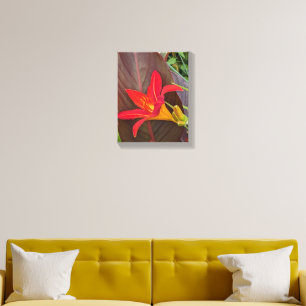 Orange Daylily Bloom and Plant Leaf Canvas Photo Tile