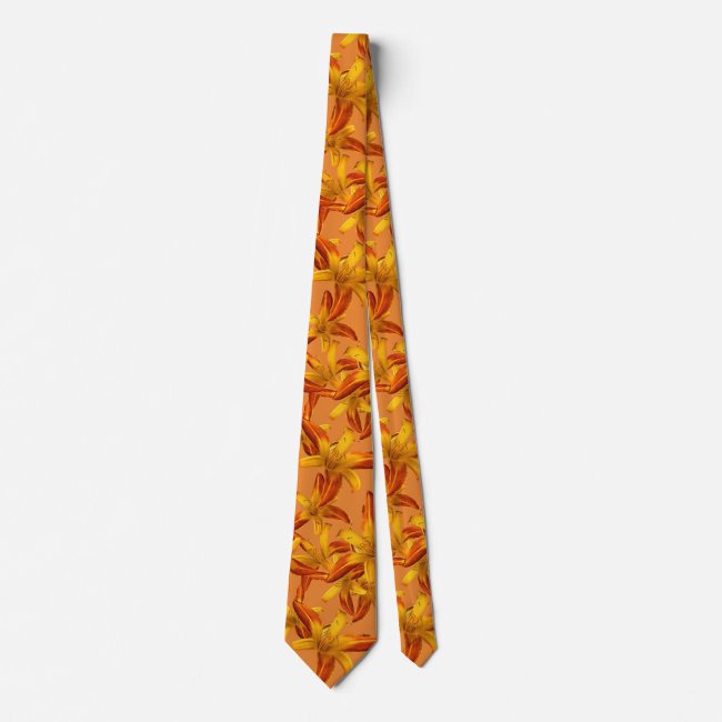 Orange Daylily Flowers Floral Pattern Tie