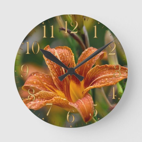 Orange Daylily  Raindrops Flower Photo Round Clock