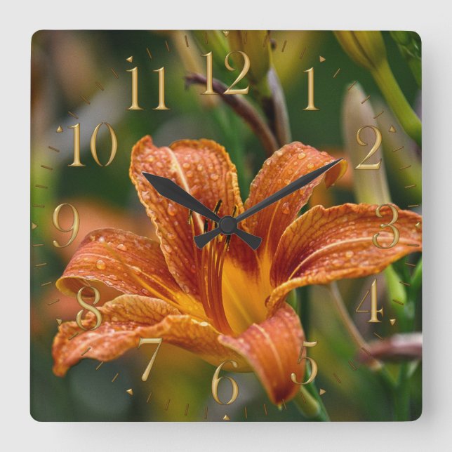 Orange Daylily & Raindrops Flower Photo Square Wall Clock (Front)