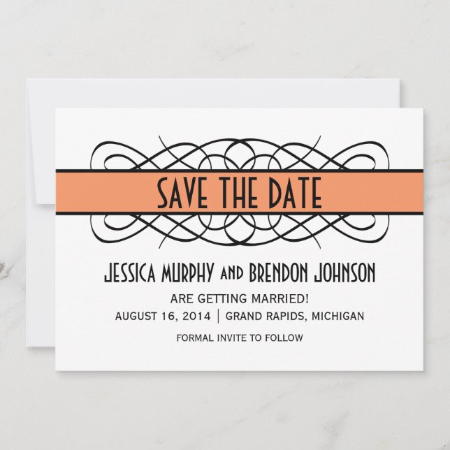 Orange Deco Flourish Save the Date Invite (Front)