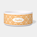 Orange Decorative Damask Pattern With Custom Name Bowl<br><div class="desc">Beautiful orange vintage damask pattern background with a personalizable text area for the name of the pet. The font is a lovely script font in orange color.</div>
