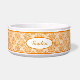Orange Decorative Damask Pattern With Custom Name Bowl