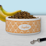 Orange Decorative Damask Pattern With Custom Name Bowl<br><div class="desc">Beautiful orange vintage damask pattern background with a personalizable text area for the name of the pet. The font is a lovely script font in orange color.</div>