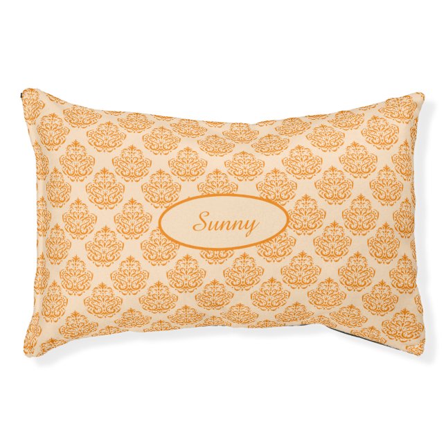 Orange Decorative Damask Pattern With Custom Name Pet Bed (Front)