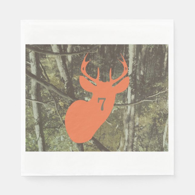 Orange Deer Head Camo Hunting Birthday Napkins (Front)