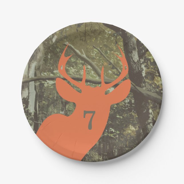 Orange Deer Head Camouflage Hunting Birthday Paper Plates (Front)
