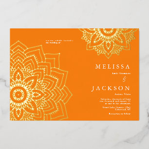 Orange Delicate gold mandala Wedding  Foil Invitation
