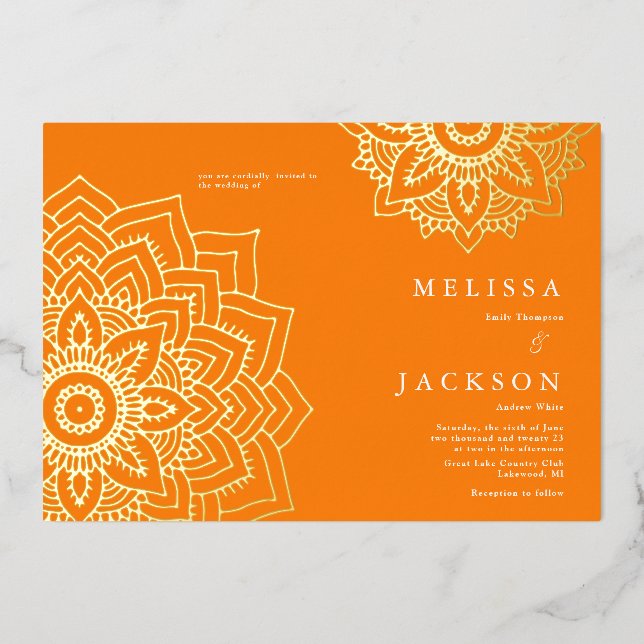 Orange Delicate gold mandala Wedding  Foil Invitation (Front)
