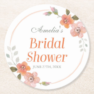 Orange Delicate Watercolor Floral Bridal Shower Round Paper Coaster