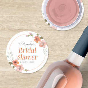 Orange Delicate Watercolor Floral Bridal Shower Round Paper Coaster