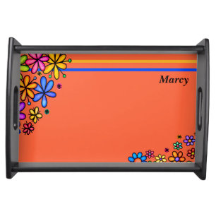 Orange Design with Doodle Flowers Serving Tray