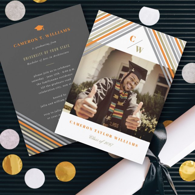 Orange Diagonal Stripes Modern Graduation Party Invitation (Creator Uploaded)