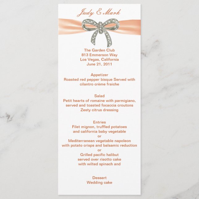 Orange Diamond Bow Wedding Menu Card (Front)