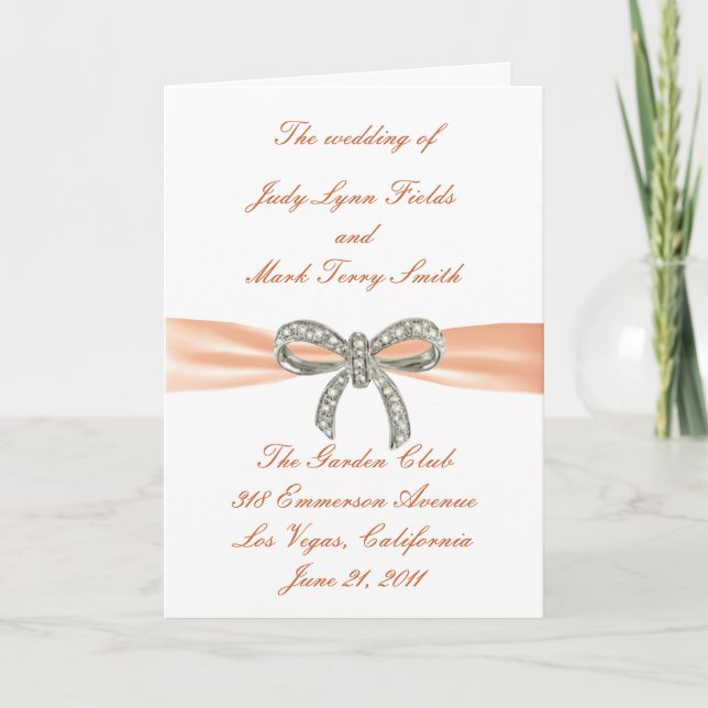 Orange Diamond Bow Wedding Program Card (Front)