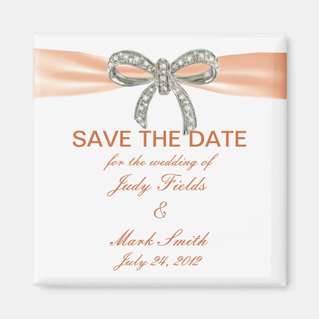 Orange Diamond Bow Wedding Save The Date Magnet (Front)