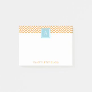 Orange Diamonds Pattern and Aqua Monogram Post-it Notes