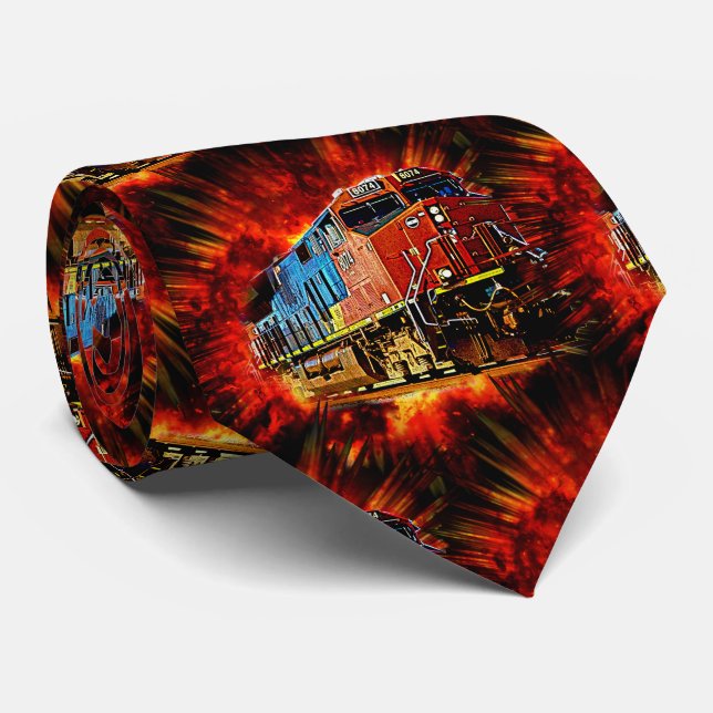 Orange Diesel Locomotive Train Bursting Out  Neck Tie (Rolled)