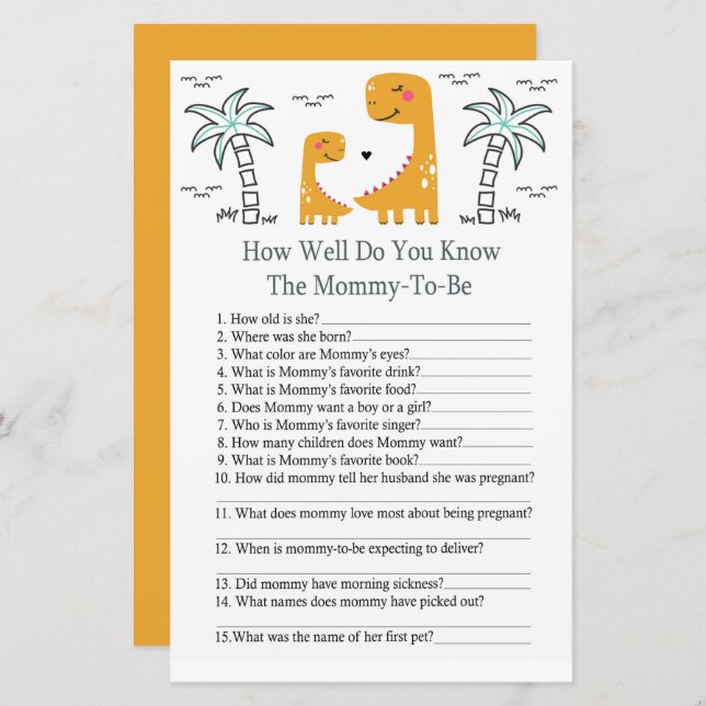 Orange Dino How well do you know baby shower game (Front/Back)