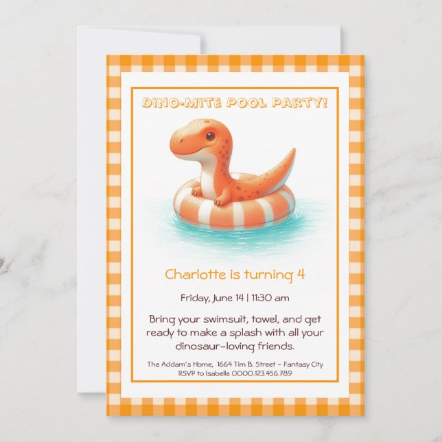 Orange Dino-Mite Birthday Pool Party Invitation (Front)