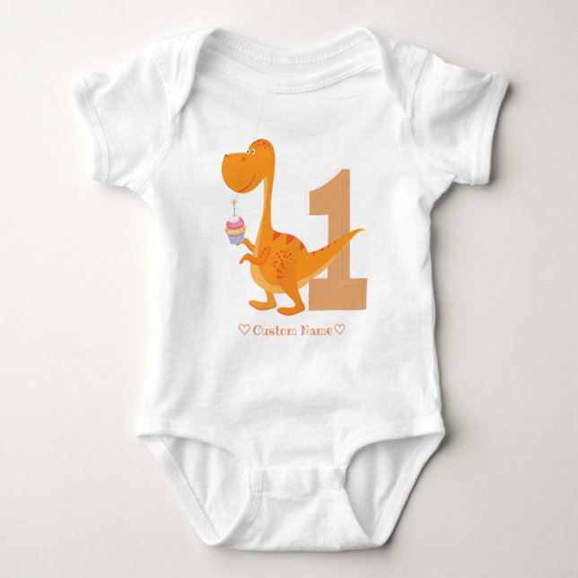 Orange dinosaur 1st birthday First Birthday Baby Bodysuit (Front)