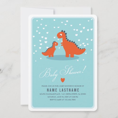 Orange Dinosaur Blue Baby Shower Invite Rounded