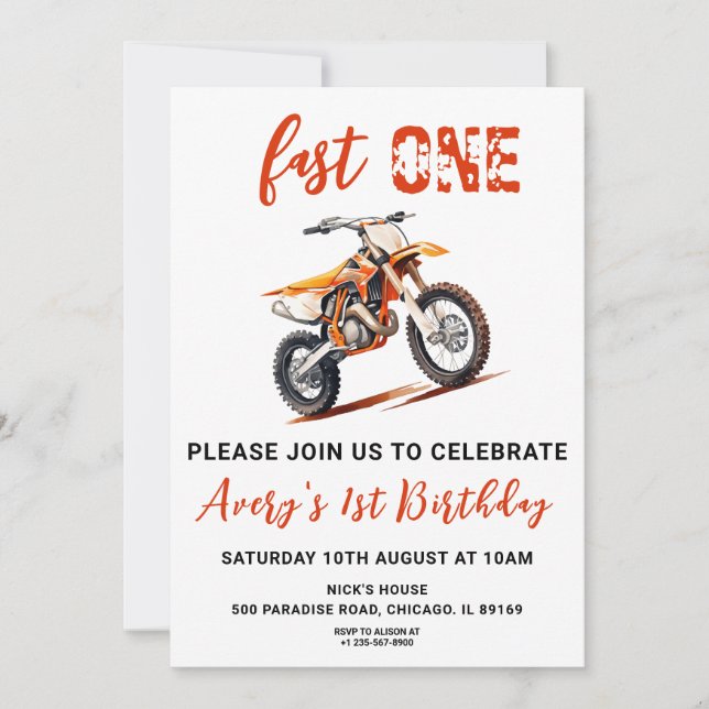 Orange Dirt Bike 1st Birthday Invitation (Front)