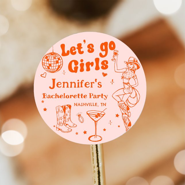 Orange Disco Cowgirl Rodeo Bachelorette Party Classic Round Sticker (Creator Uploaded)