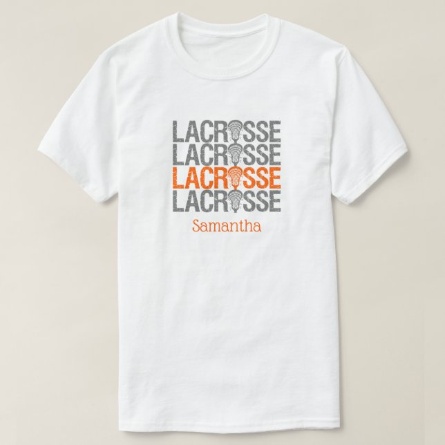 Orange Distressed Lacrosse Word T-Shirt (Design Front)