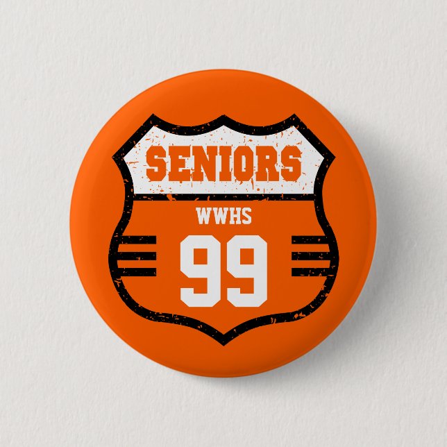 Orange Distressed Seniors Road Sign Button (Front)