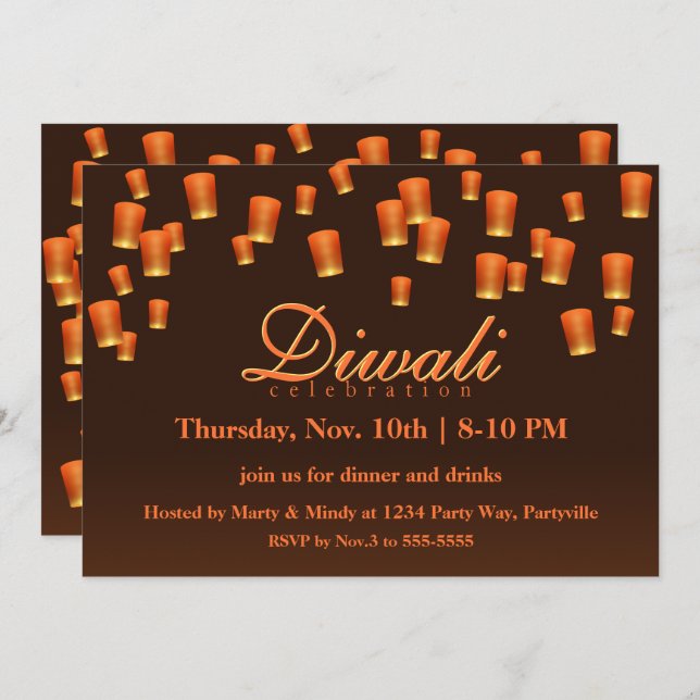 Orange Diwali Sky Lanterns Invitation (Front/Back)