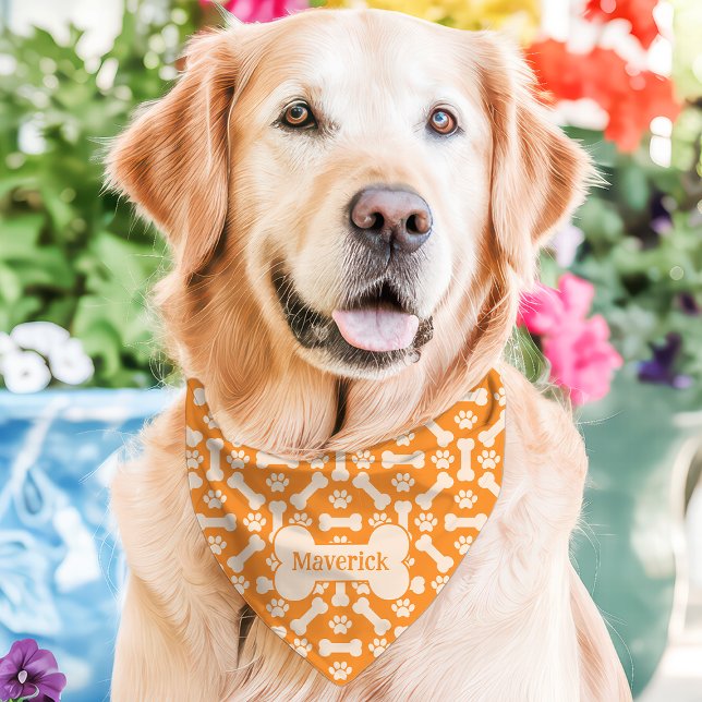 Orange Dog Bones Paw Print Custom Name Pet Bandana Collar (Creator Uploaded)