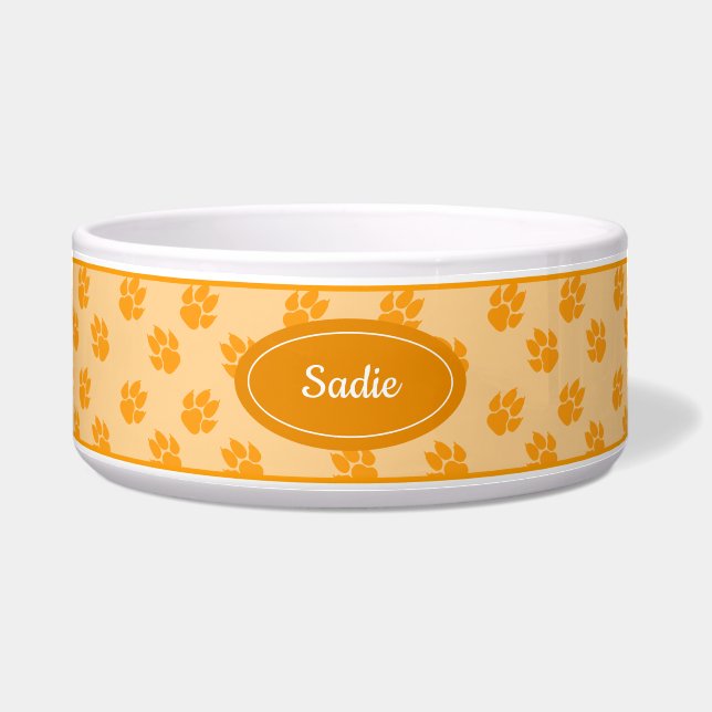 Orange Dog Paws Pattern With Custom Name Bowl (Front)
