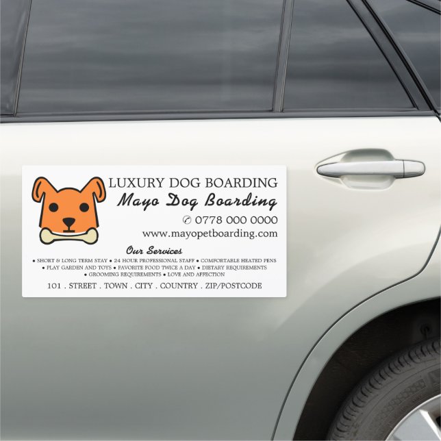 Orange Dog with Bone, Dog Boarding, Advertising Car Magnet (In Situ)
